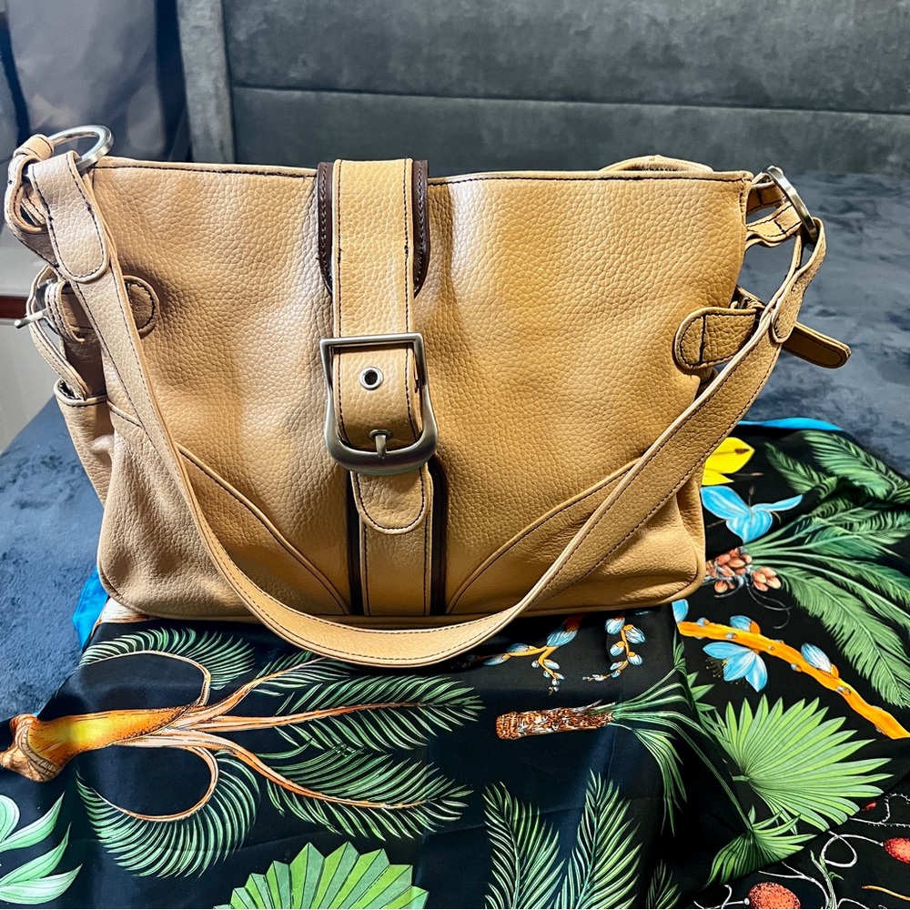 Y2K Tan and‎ Brown Grained Leather Hobo Satchel Saddle Shoulder Handbag